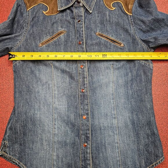 Vtg Lawman Western Pearl Snap Denim Shirt L Faux Suede Rodeo Retro Rockabilly - Picture 7 of 11